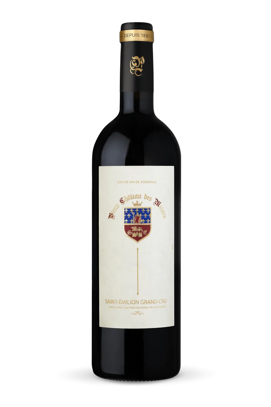 A photograph of a bottle of Vieux Château des Moines award winning Saint-Émilion Grand Cru red wine.