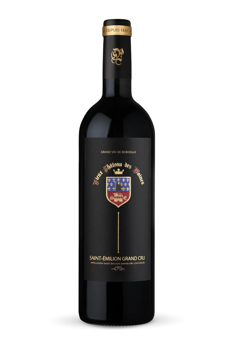 A photograph of a bottle of Vieux Château des Moines award winning Saint-Émilion Grand Cru red wine.
