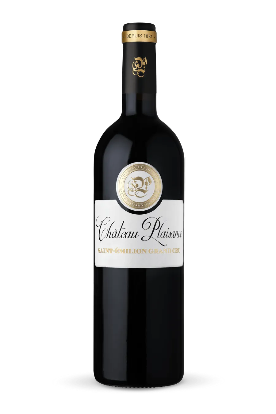 A photograph of a bottle of Château Plaisance award winning Saint-Émilion Grand Cru red wine.