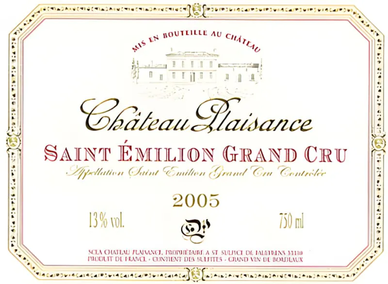 普莱桑酒庄Saint-Émilion特级园葡萄酒酒标，2005年份，酒精度13%。