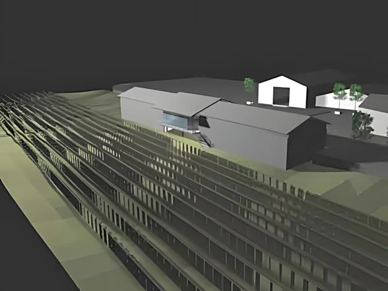 3D建筑渲染图显示酒庄建筑的规划扩建,前景是葡萄园行,背景是现有结构。