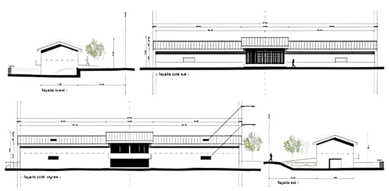 详细的建筑蓝图显示酒庄建筑扩建项目的立面图和平面图。