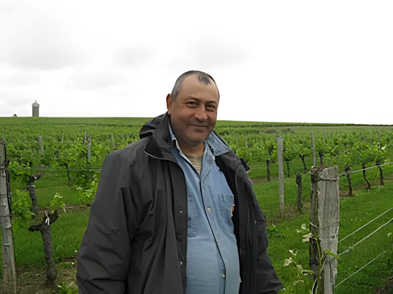 Un homme en vêtements sombres debout dans un vignoble avec des vignes vertes luxuriantes qui l'entourent, représentant la main-d'œuvre internationale.